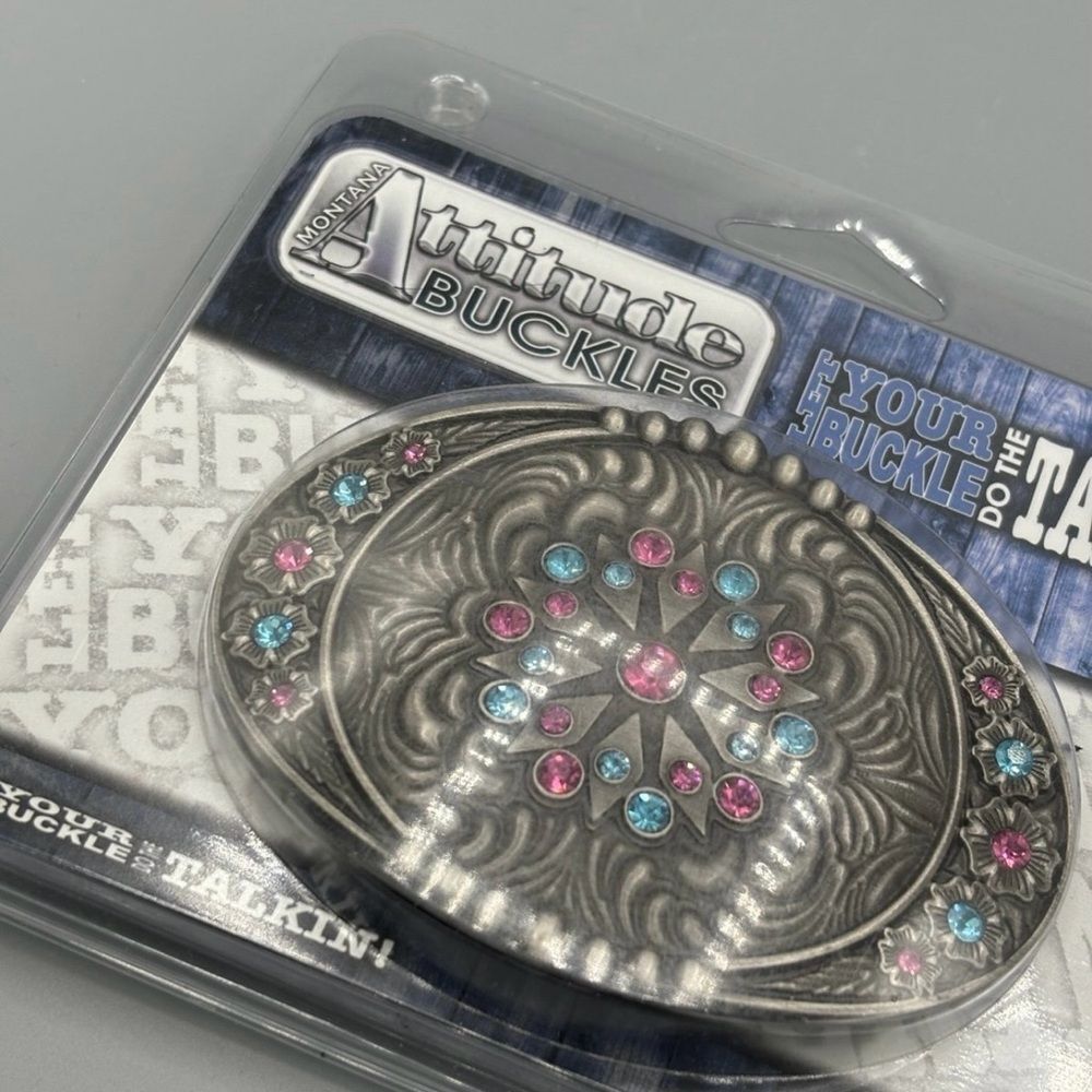 Montana Silversmiths Silver Buckle with Pink and Blue Accents